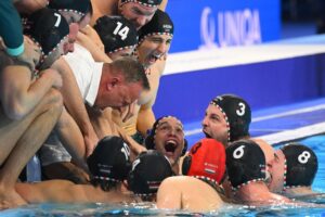 A magyar válogatott tagjai a belgrádi férfi vízilabda Európa-bajnokság elődöntőjében